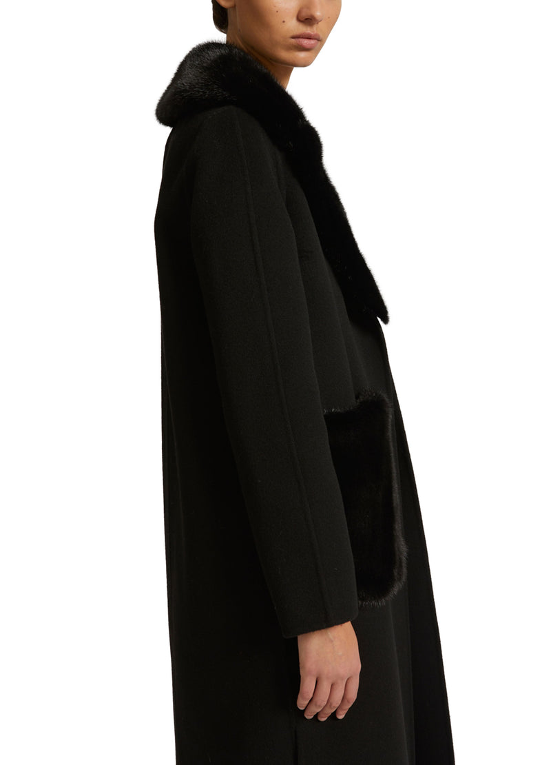 Belted coat in cashmere wool with mink fur collar and over-pockets