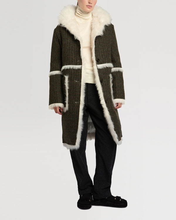 Woollen fabric and shearling hooded coat