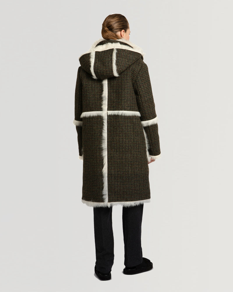 Woollen fabric and shearling hooded coat