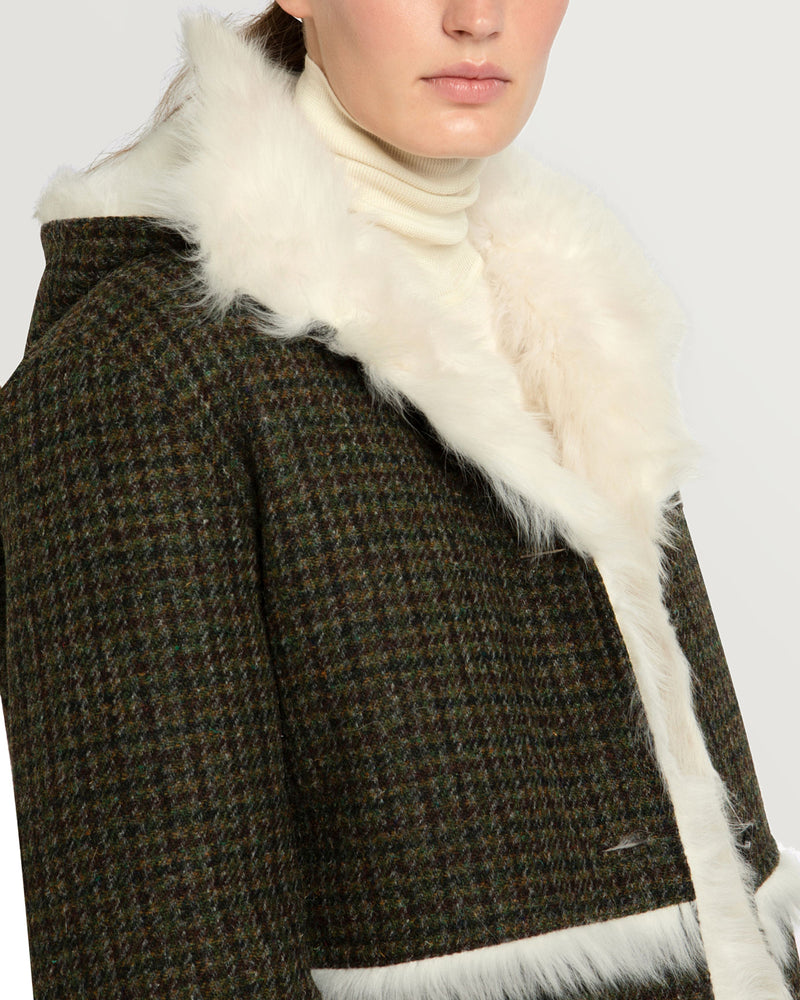 Woollen fabric and shearling hooded coat