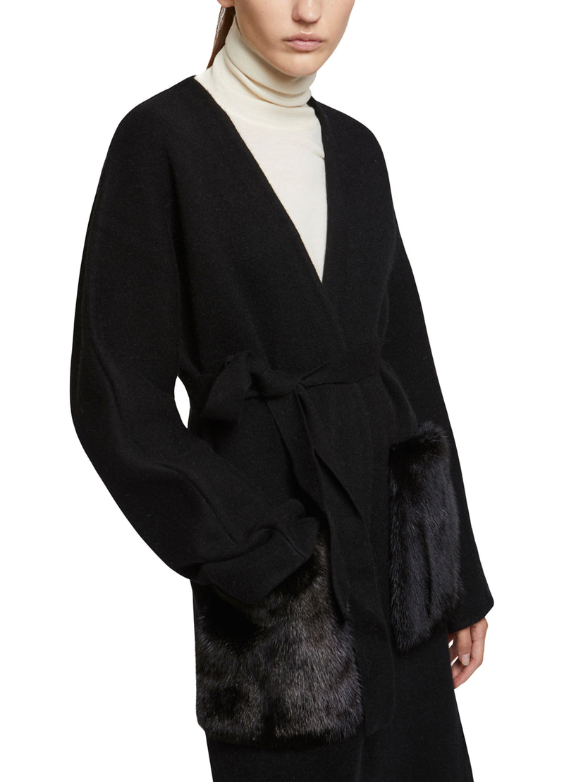 Long knit cardigan with mink fur over-pockets