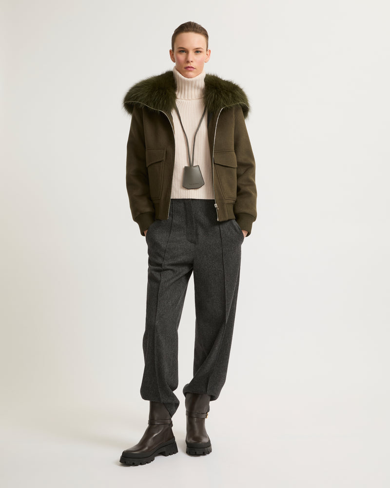 Cropped jacket in cashmere wool with fox fur collar - khaki - Yves Salomon