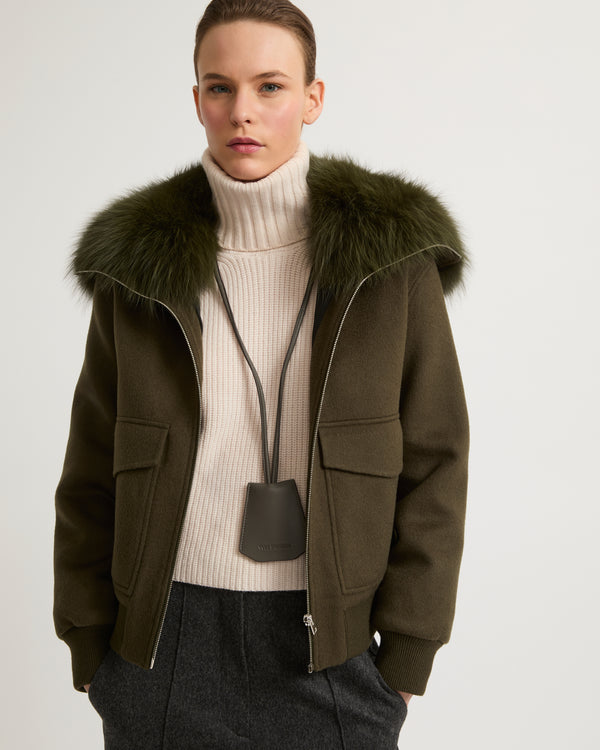 Cropped jacket in cashmere wool with fox fur collar - khaki - Yves Salomon