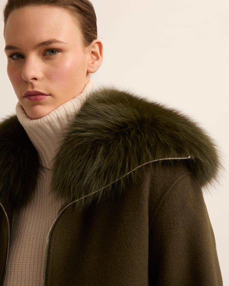 Cropped jacket in cashmere wool with fox fur collar - khaki - Yves Salomon