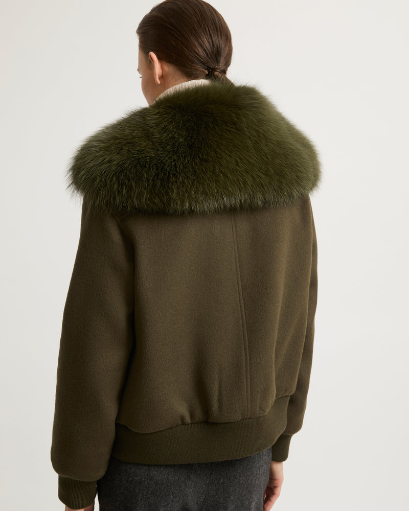 Cropped jacket in cashmere wool with fox fur collar - khaki - Yves Salomon