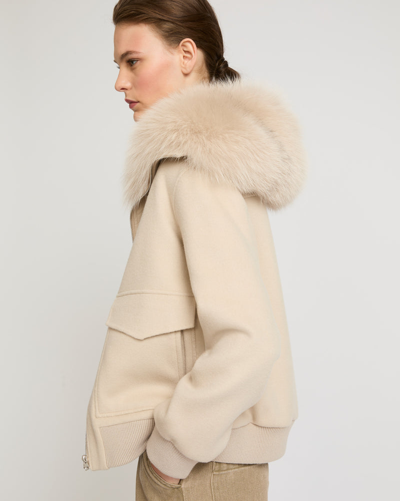 Cropped jacket in cashmere wool with fox fur collar - beige - Yves Salomon