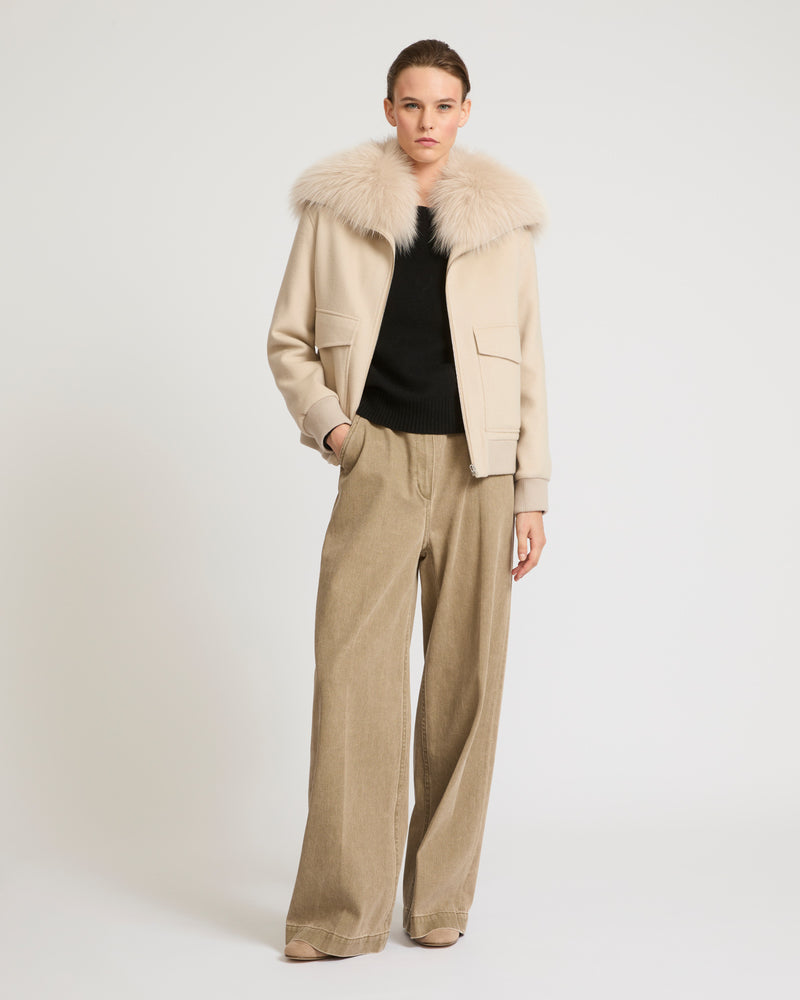 Cropped jacket in cashmere wool with fox fur collar - beige - Yves Salomon