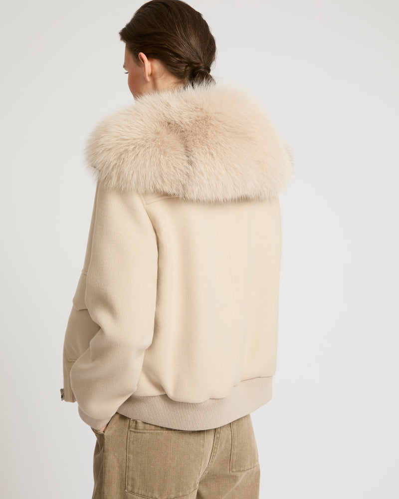 Cropped jacket in cashmere wool with fox fur collar - beige - Yves Salomon