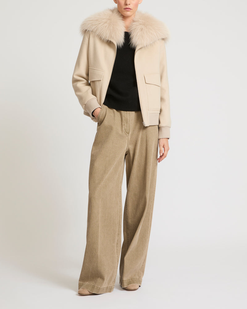 Cropped jacket in cashmere wool with fox fur collar