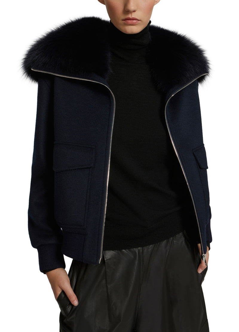 Cropped jacket in cashmere wool with fox fur collar