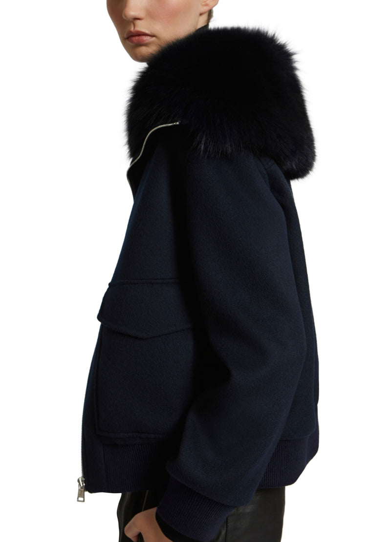 Cropped jacket in cashmere wool with fox fur collar