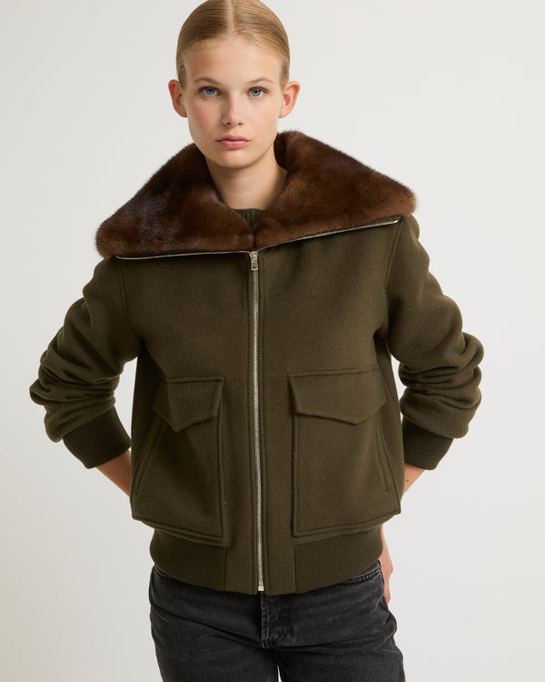 Cashmere wool jacket with mink fur collar - khaki - Yves Salomon