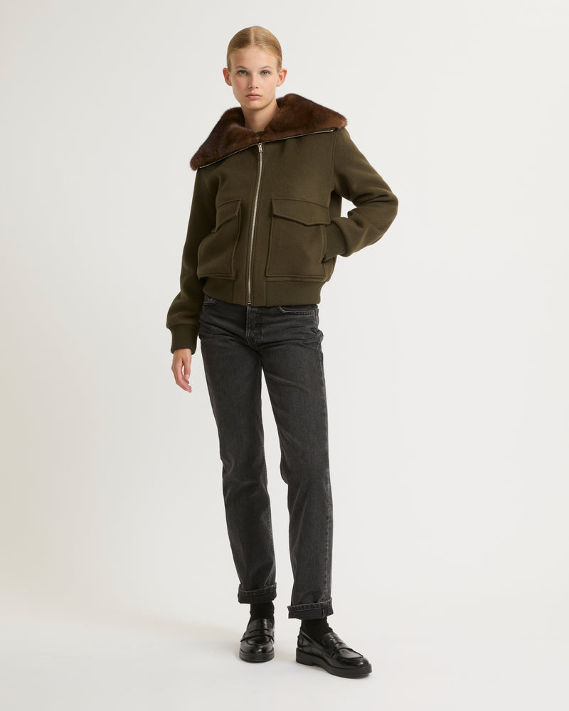 Cashmere wool jacket with mink fur collar - khaki - Yves Salomon