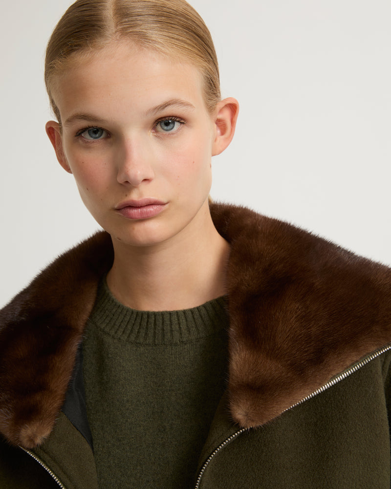 Cashmere wool jacket with mink fur collar - khaki - Yves Salomon