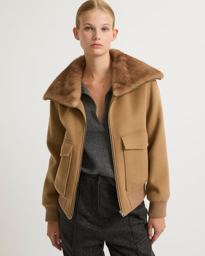 Cashmere wool jacket with mink fur collar - camel - Yves Salomon