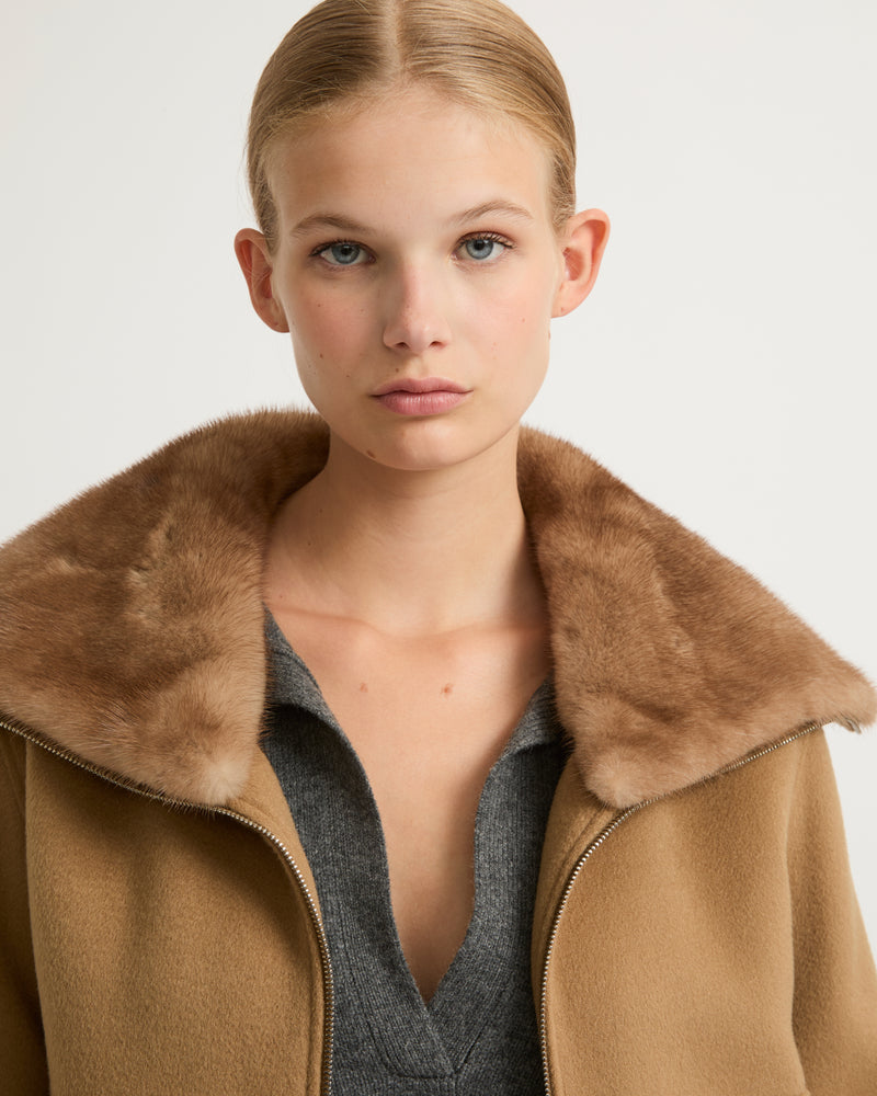 Cashmere wool jacket with mink fur collar - camel - Yves Salomon