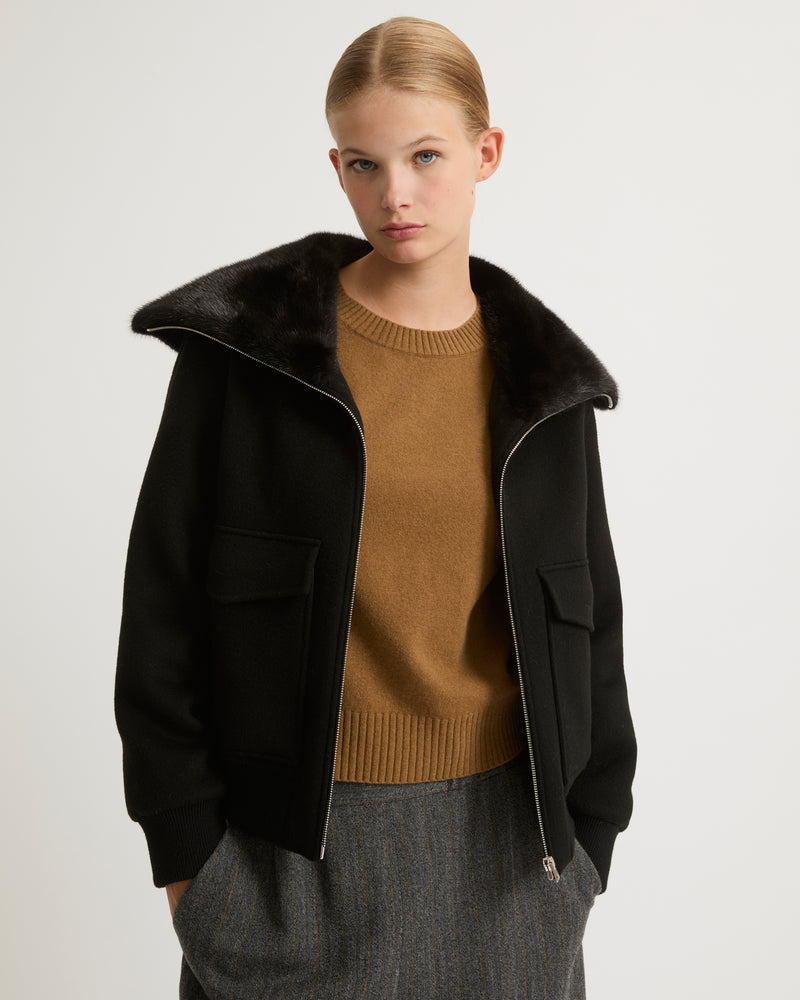 Cashmere wool jacket with mink fur collar - black - Yves Salomon