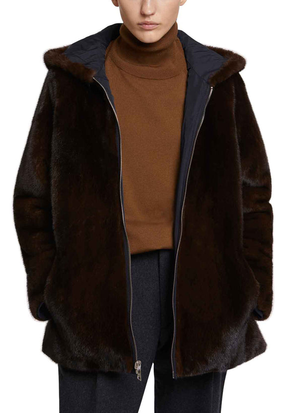 Hooded blouson in mink fur reversible technical fabric