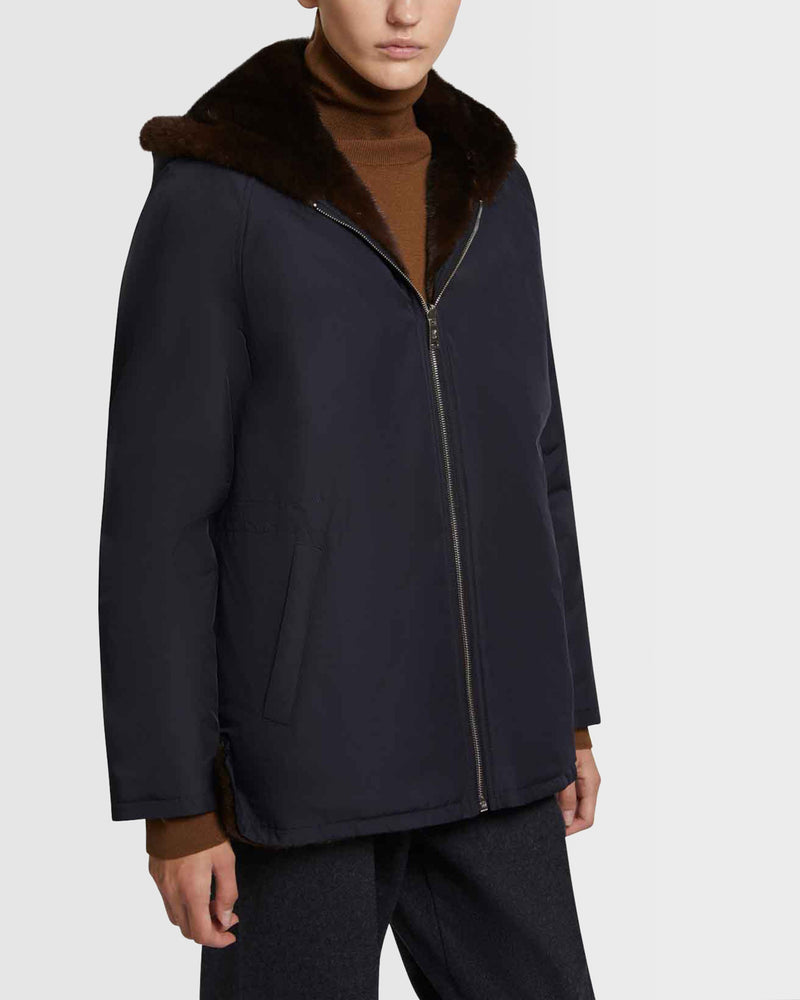 Hooded parka in mink fur reversible technical fabric