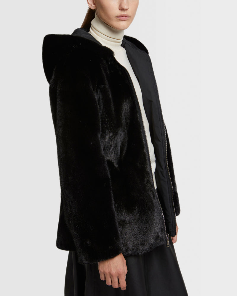 Hooded parka in mink fur reversible technical fabric