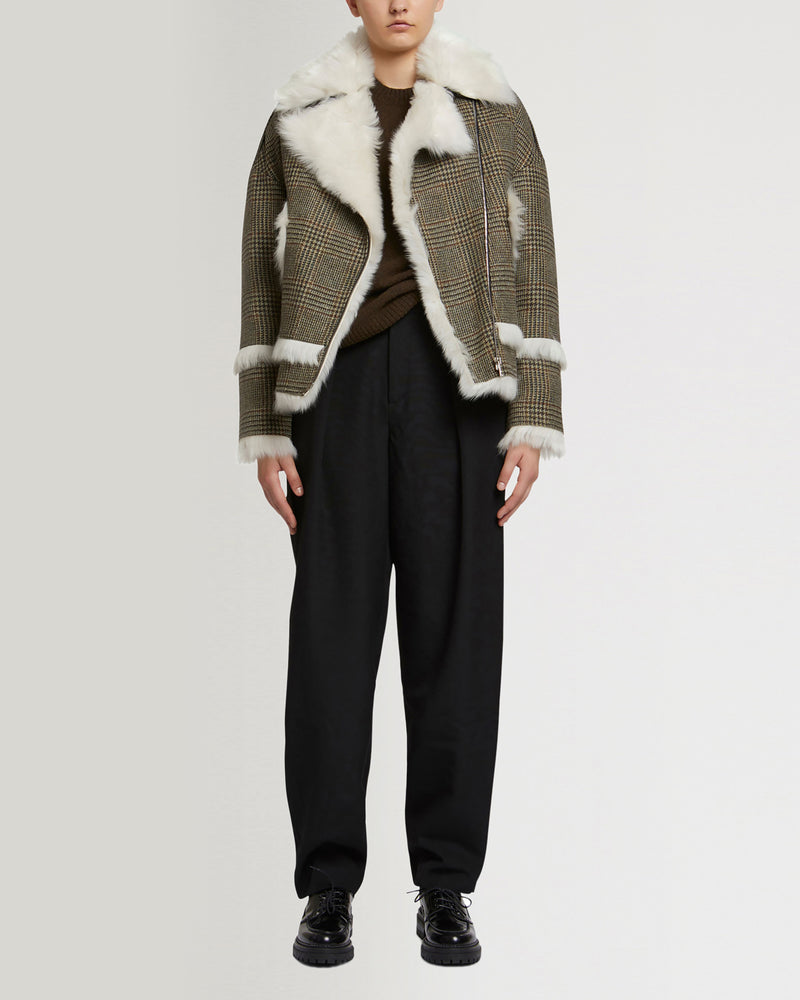 Woollen fabric and shearling biker jacket