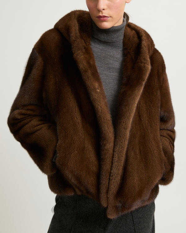 Hooded jacket in long-haired mink fur