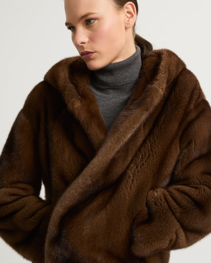 Hooded jacket in long-haired mink fur - brown - Yves Salomon