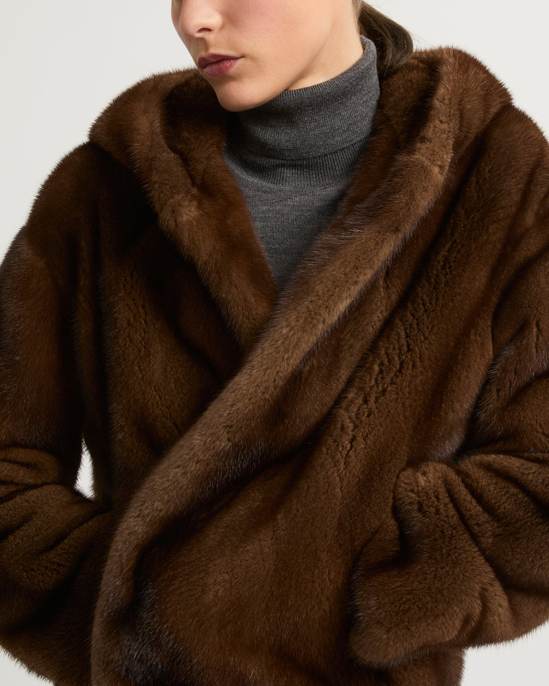 Hooded jacket in long-haired mink fur