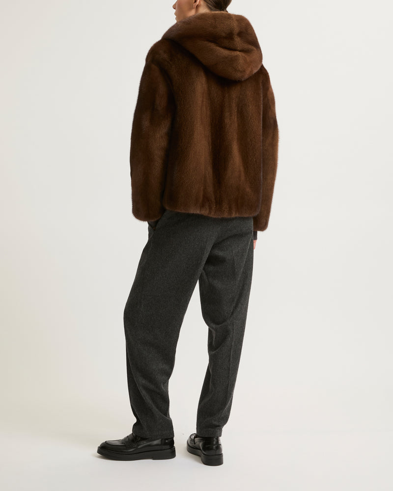 Hooded jacket in long-haired mink fur