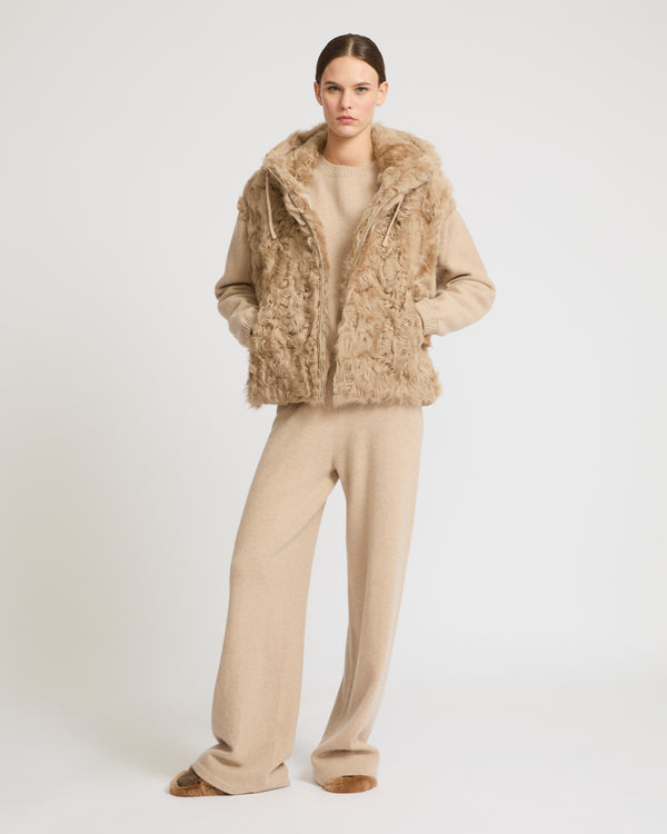 Hooded jacket in knit and curly lamb - beige - Yves Salomon