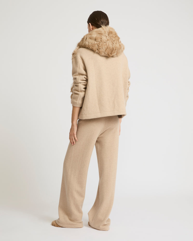 Hooded jacket in knit and curly lamb - beige - Yves Salomon