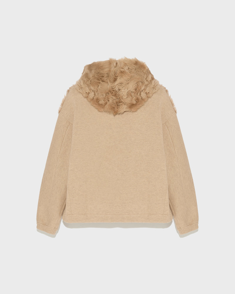 Hooded jacket in knit and curly lamb - beige - Yves Salomon