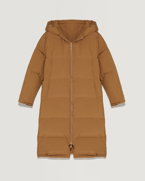 Long reversible hooded down jacket in waterproof technical fabric-Yves Salomon-Winter sale & boxing day