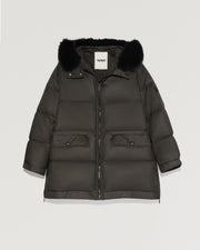 “A” line hooded down jacket with fox fur