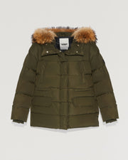 Hooded down jacket with marmot fur