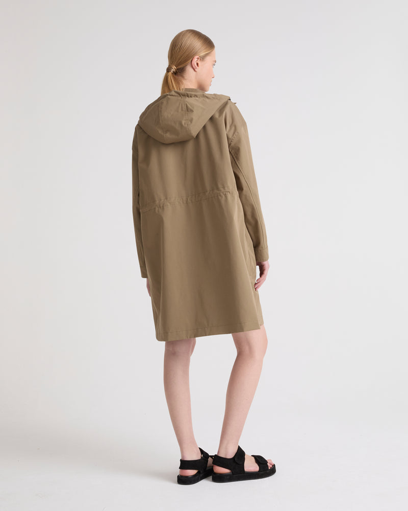 Long parka in technical cotton-mix fabric