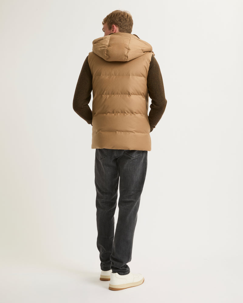 Down Gilet made with Loro Piana fabric with mink fur trim