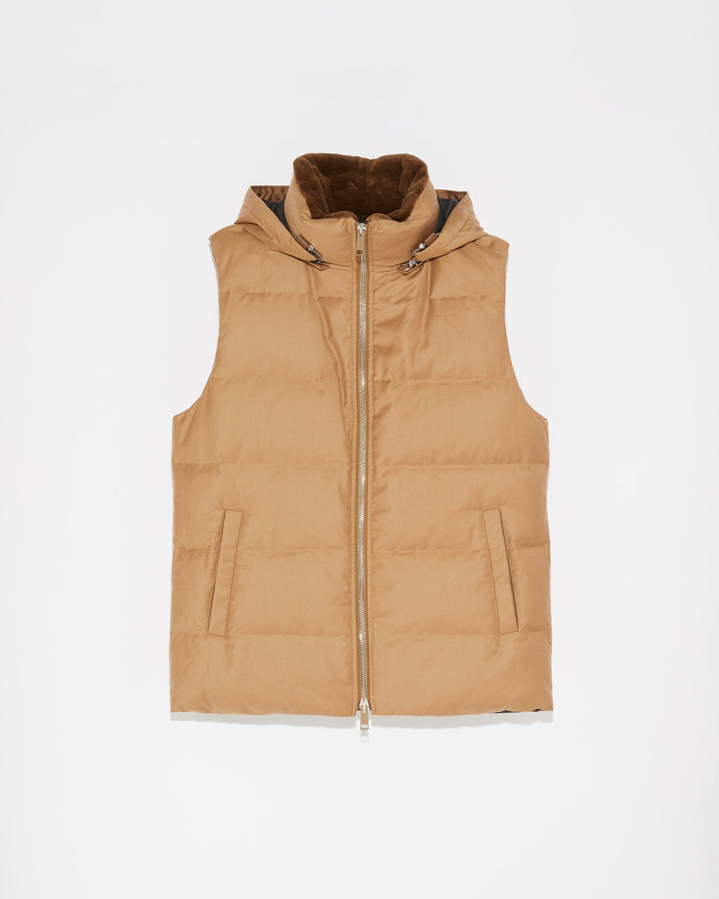 Loro Piana fabric down gilet with mink trim - brown - Yves Salomon