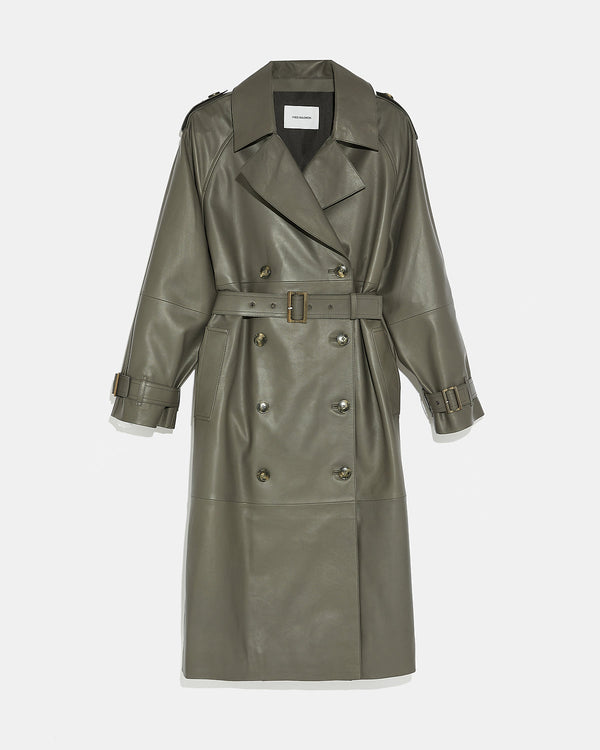 Long belted trench coat in lamb leather - grey - Yves Salomon