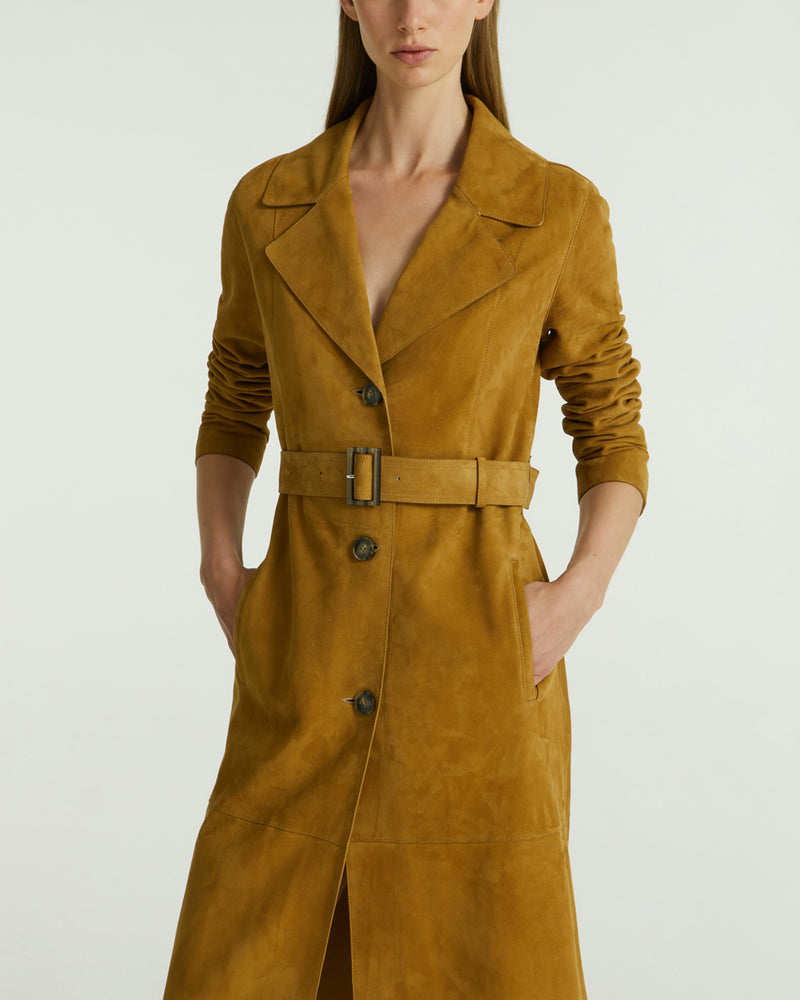 Long belted coat in double-sided velour lamb leather