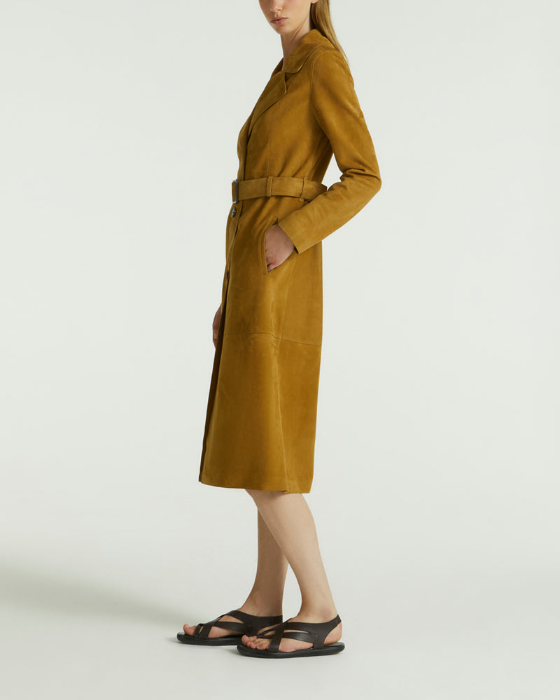 Long belted coat in double-sided velour lamb leather