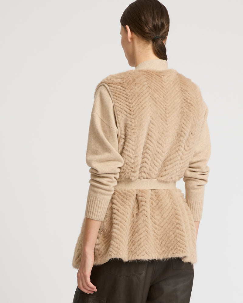 Belted gilet in merino knit and mink fur - beige - Yves Salomon