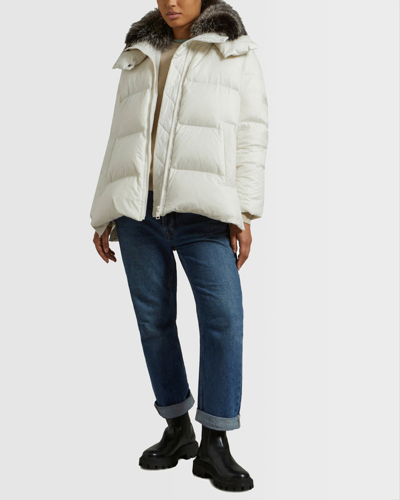 Iconic "A" line down jacket with fox fur collar