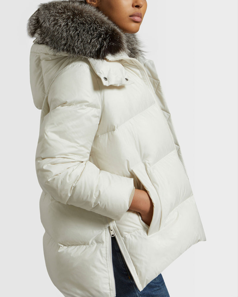 Iconic "A" line down jacket with fox fur collar