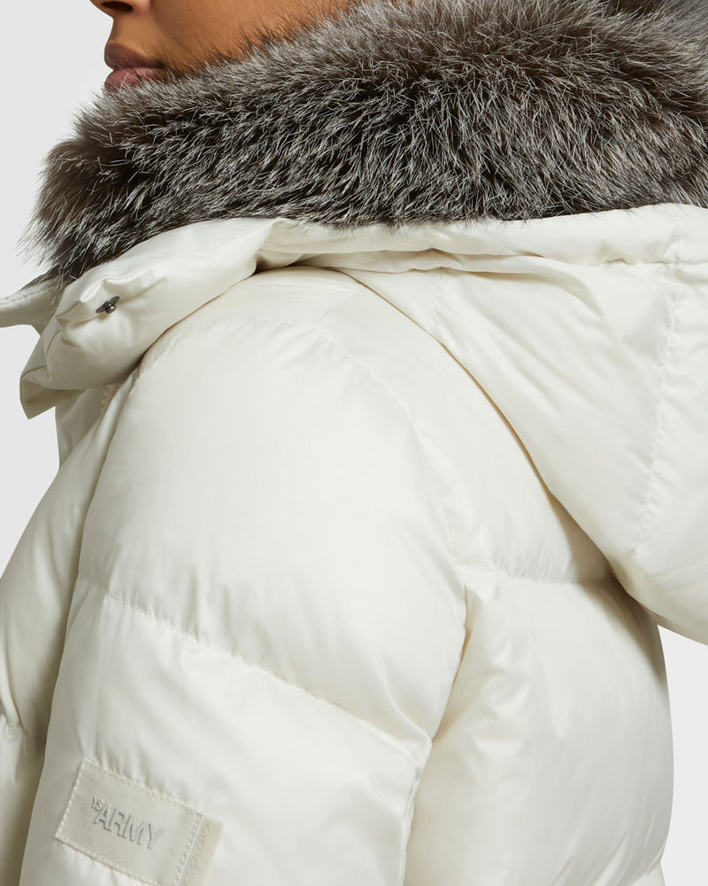 Iconic "A" line down jacket with fox fur collar