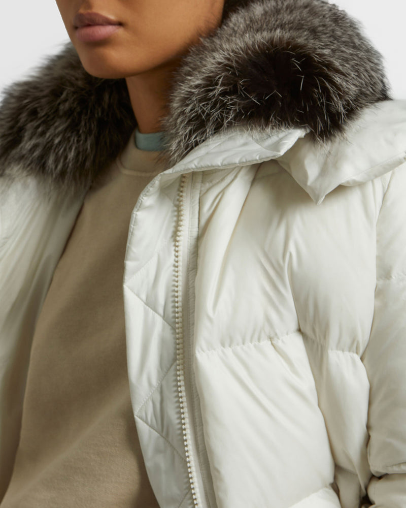 Iconic "A" line down jacket with fox fur collar