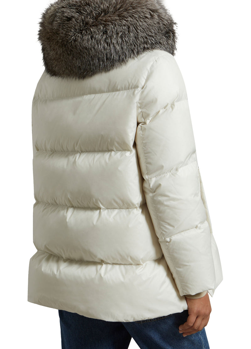 "A" line down jacket in water-repellent technical fabric with fox fur collar