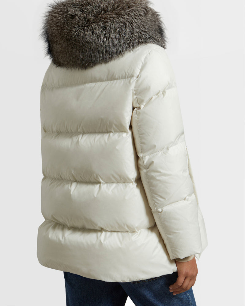 Iconic "A" line down jacket with fox fur collar