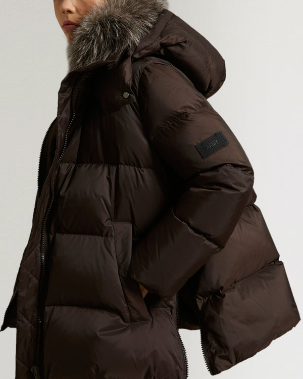 "A" line down jacket in water-repellent technical fabric with fox fur collar-Yves Salomon-Winter sale & boxing day