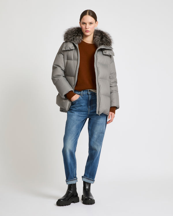 A line down jacket in water-repellent technical fabric with fox fur collar - grey - Yves Salomon